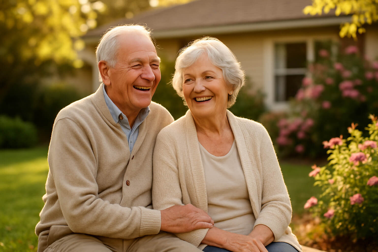 Casal de idosos felizes, sentados juntos em um jardim com árvores e flores, transmitindo a ideia de bem-estar e segurança proporcionados pelos benefícios de aposentadoria.