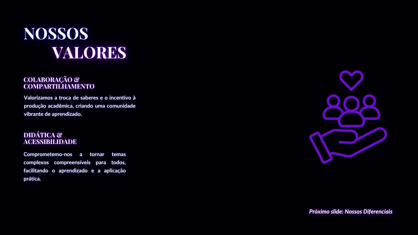 Card de Valores destacando 'Inovação' com ícone de lâmpada.