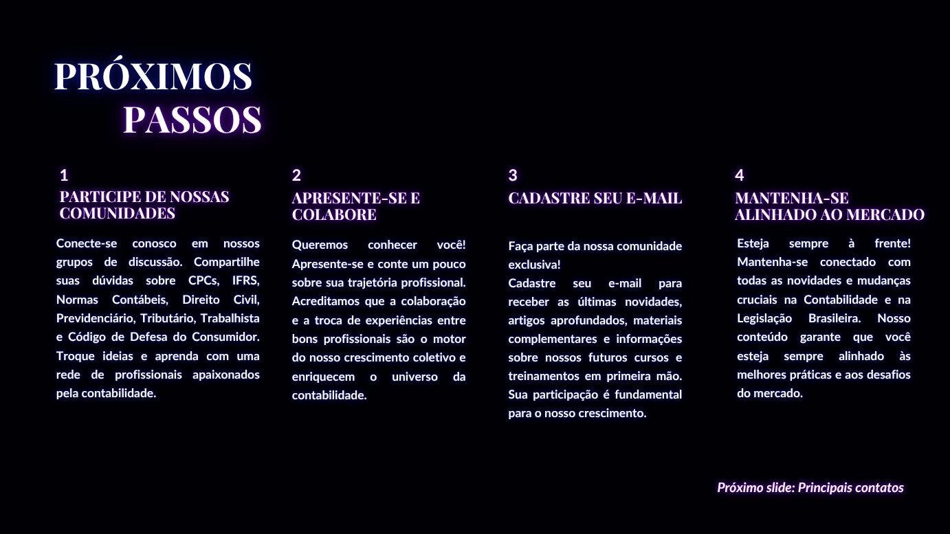 Card de Próximos Passos com ícones de blog, fórum e e-mail.