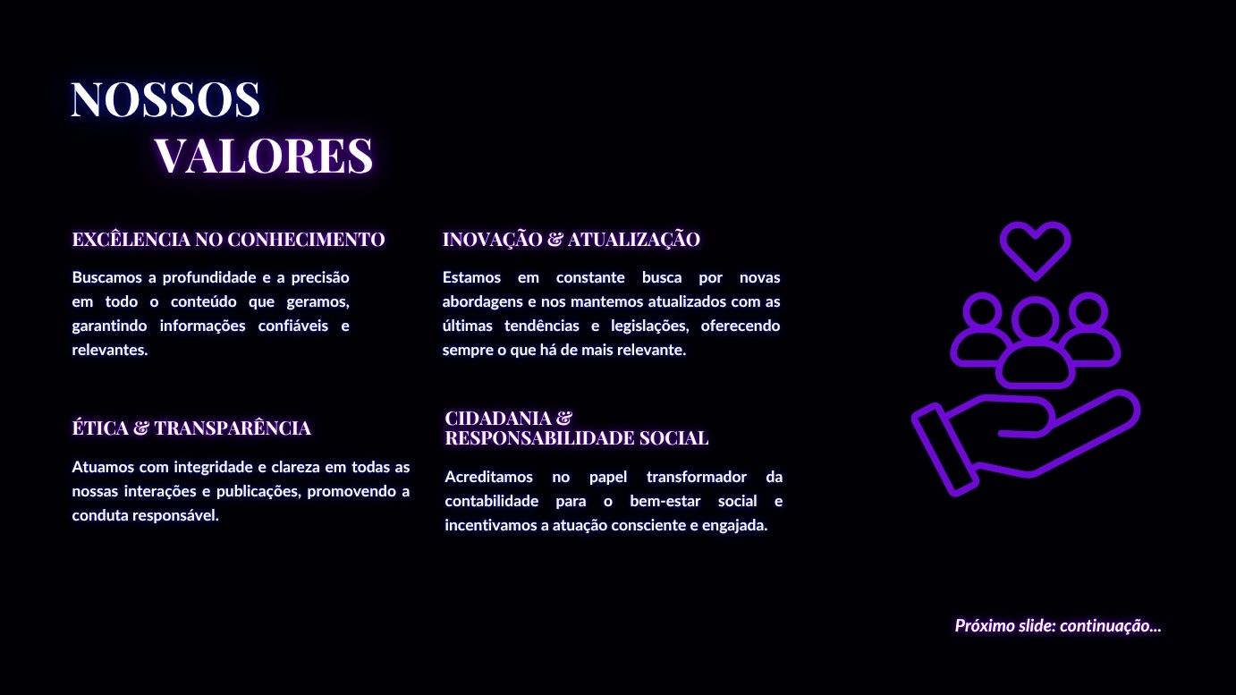 Card de Valores destacando 'Conhecimento' com ícone de cérebro.